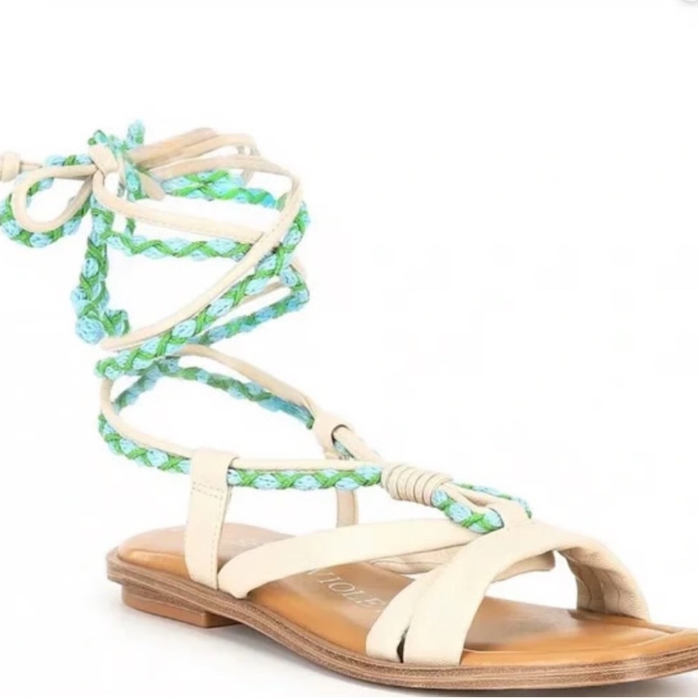 Chelsea and Violet Cream and Green Braided Sandals